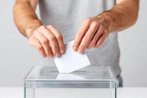 Hands placing a ballot into a transparent voting box during an election process emphasizing civic duty and participation in democracy concept photo