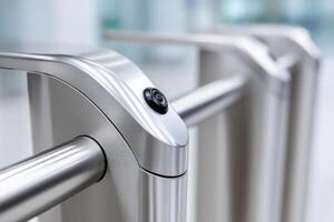 Modern stainless steel turnstile mechanism designed for secure access control in public spaces, showcasing advanced technology and sleek design concept photo