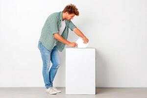 Engaging in the voting process, a young individual casting a ballot into a ballot box, emphasizing civic duty and participation in democracy concept photo