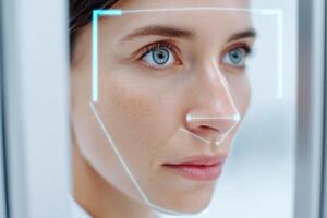 Advanced facial recognition technology applied to a woman's face showcasing biometric analysis and digital interface for security and identification purposes concept photo