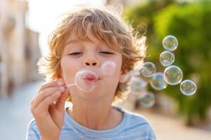 Joyful child blowing bubbles outdoors, capturing the essence of childhood playfulness and innocence, evoking a sense of wonder and joy, bubble play concept photo