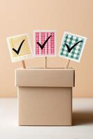 Voting box with colorful checkmark stamps representing choices and decisions in a democratic process, symbolizing civic engagement and participation concept photo