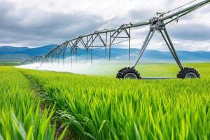 Irrigation system watering lush green rice field under cloudy sky showcasing agricultural technology and sustainable farming practices healthy farming concept photo