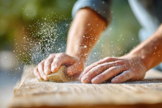 Skilled artisan sanding wooden surface with focused hands creating fine dust particles in bright workshop atmosphere emphasizing craftsmanship and dedication to quality photo