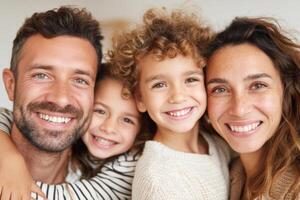 Joyful family portrait featuring smiling parents and children embracing each other with warmth and love in a cozy indoor setting radiating happiness and togetherness photo