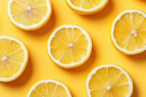 Brightly colored lemon slices arranged artistically on vibrant yellow background showcasing freshness and zestful essence of citrus fruits in culinary applications photo