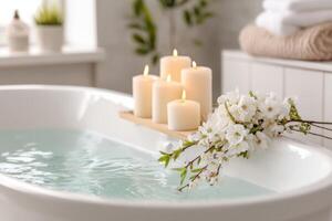 Serene bathroom scene featuring a white bathtub filled with calm water, adorned with candles and delicate flowers, creating a tranquil atmosphere for relaxation and self-care photo