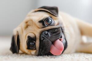 Playful pug dog with expressive eyes lying on a soft carpet, tongue out, showcasing a joyful and relaxed demeanor in a cozy indoor environment filled with natural light photo