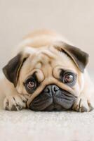 Adorable pug dog resting on soft carpet, displaying large expressive eyes and a wrinkled face, embodying a sense of calmness and companionship in a cozy indoor setting photo