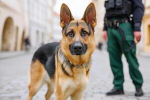 Loyal German Shepherd dog standing alert on cobblestone street, showcasing strong physique and attentive expression, with a uniformed officer in the background enhancing the scene's security theme photo