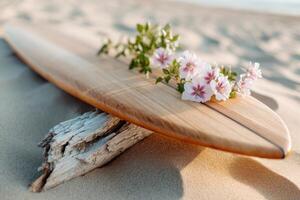 Surfboard resting on driftwood in soft sandy beach, adorned with delicate flowers, capturing a serene coastal vibe and the essence of summer relaxation and adventure photo