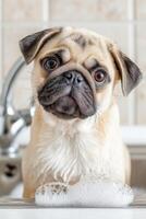 Adorable small pug dog with expressive eyes and a wrinkled face, playfully enjoying a bubble bath in a bright, clean bathroom setting with shiny fixtures and soft lighting photo