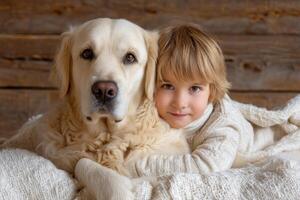 Adorable young child snuggling with a golden retriever, both resting comfortably on a cozy blanket, radiating warmth and companionship in a serene indoor setting photo