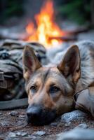 German shepherd resting near a campfire, surrounded by nature, showcasing a serene atmosphere with soft lighting and warm colors in a tranquil outdoor setting photo
