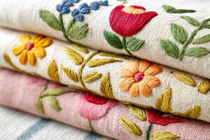 Colorful embroidered fabric showcasing intricate floral designs in vibrant hues, stacked neatly to highlight craftsmanship and artistic expression in textile art and design photo