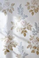 Elegant floral wallpaper design featuring soft pastel colors and intricate leaf patterns, creating a serene and inviting atmosphere for interior decoration and home styling photo