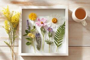 Colorful arrangement of pressed flowers and greenery displayed in a white frame on a wooden surface alongside a cup of tea, creating a serene and artistic atmosphere photo