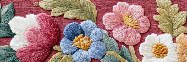Vibrant floral embroidery featuring intricate stitching of colorful blooms on a textured fabric background, showcasing craftsmanship and artistic expression in textile art photo