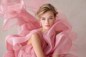 Young woman with flowing pink fabric draped around her, exuding elegance and grace, showcasing beauty and fashion in a soft, dreamy atmosphere with copy space photo