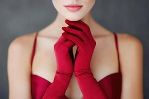 Elegant woman wearing jester red gloves and a matching dress poses gracefully with hands clasped, showcasing a sophisticated and stylish appearance in a minimalist setting photo