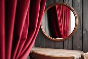 Jester red curtains elegantly frame a round mirror on a wooden wall, creating a cozy and inviting atmosphere in a stylish interior design setting photo