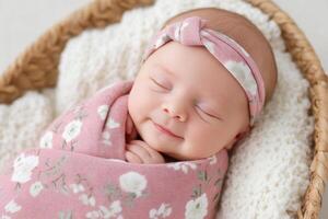 Newborn baby girl peacefully sleeping in a cozy woven basket, wrapped in a soft floral blanket, with a delicate headband, radiating warmth and tranquility in a serene environment photo