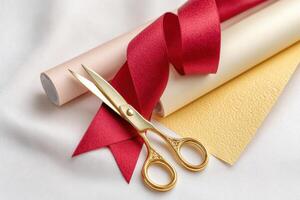 A pair of scissors and a roll of red ribbon photo