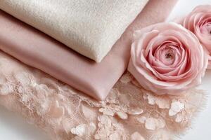 Soft pastel fabrics in shades of pink and cream arranged elegantly with a delicate rose, creating a serene and inviting atmosphere for design inspiration and creative projects photo