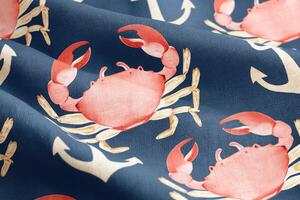 Vibrant fabric featuring a playful crab pattern on a deep blue background, showcasing nautical elements with anchors, ideal for coastal-themed design projects and textiles photo