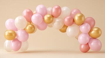 Colorful balloon arch featuring pink, white, and gold balloons arranged in a festive display, perfect for celebrations, events, and party decorations enhancing joyful atmosphere photo