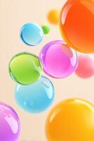 Colorful translucent bubbles of various sizes float gracefully against a soft beige background, creating a whimsical and vibrant atmosphere for creative design projects photo