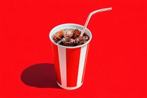 Refreshing beverage in a classic striped cup filled with ice cubes and a straw, set against a vibrant red background, evoking a sense of summer enjoyment and nostalgia photo