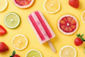Colorful popsicle with vibrant red and white stripes surrounded by fresh citrus fruits and strawberries on a bright yellow background, evoking a refreshing summer treat photo