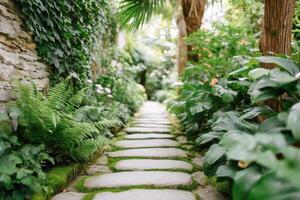Serene garden pathway lined with lush greenery and vibrant flowers, featuring stone steps leading into a tranquil natural retreat, inviting exploration and relaxation photo