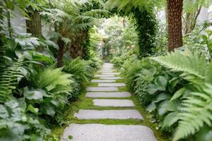 Serene garden pathway lined with lush greenery and ferns, featuring stone stepping stones leading through a tranquil natural setting, inviting exploration and relaxation photo