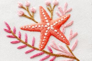 Embroidered starfish design featuring vibrant orange starfish and delicate pink floral elements on a soft fabric background, showcasing intricate stitching and artistic craftsmanship photo