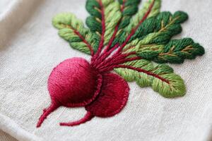 Vibrant embroidered radishes with green leaves on a textured fabric background, showcasing intricate stitching and colorful design elements, perfect for textile art enthusiasts and culinary themes photo