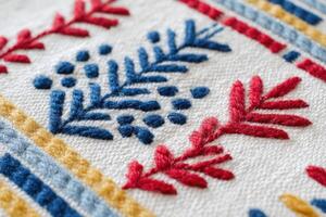 Nordic Sami embroidery featuring intricate patterns in vibrant colors, showcasing traditional craftsmanship with detailed floral designs and textured fabric elements photo
