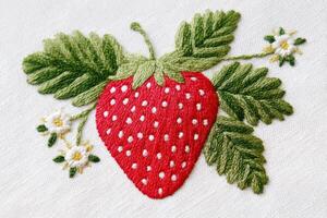 Vibrant red strawberry embroidery with green leaves and delicate white flowers, showcasing intricate stitching techniques and artistic craftsmanship in textile art photo