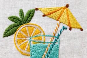 Colorful embroidery featuring a refreshing drink with a straw, a slice of lemon, and a small umbrella, showcasing intricate stitching and vibrant summer themes photo