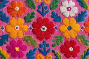 Indian phulkari embroidery featuring vibrant floral patterns in bright colors on a pink fabric background, showcasing intricate craftsmanship and cultural artistry photo