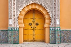 Moroccan architectural design featuring a vibrant yellow door with intricate carvings and decorative tiles, showcasing cultural heritage and artistic craftsmanship in a stunning urban setting photo