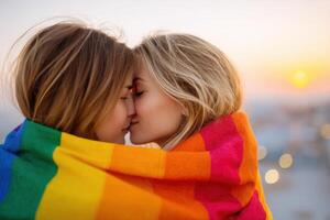 LGBTQ couple wrapped in a vibrant rainbow blanket, sharing a tender moment while embracing at sunset, showcasing love and connection in a warm atmosphere photo