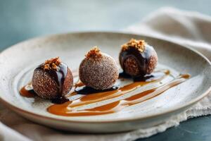 Plated chocolate truffle dessert balls infused with shiitake and topped with caramelized hazelnuts resting on caramel sauce photo