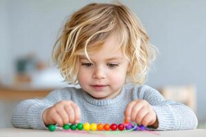Child engaged in autism occupational therapy session, focused on colorful beads, enhancing fine motor skills and cognitive development, in a bright and inviting therapy space photo