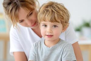 Child engaged in autism occupational therapy session with supportive therapist, focusing on developmental skills in a bright, inviting environment filled with educational materials and toys photo