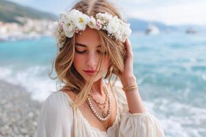 Young woman with long hair adorned with a floral crown, standing by the shore, gazing thoughtfully at the ocean, embodying beauty and serenity in a natural setting photo