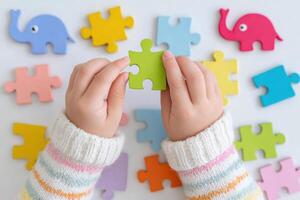 Child engaged in autism occupational therapy session, holding colorful puzzle piece, surrounded by vibrant puzzle pieces and playful animal shapes photo