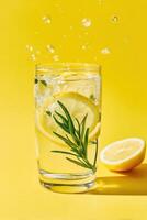 Refreshing rosemary lemonade with lemon slices and splashing water on yellow background photo