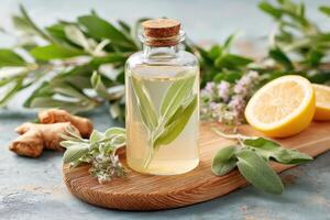 Sparkling herbal elixir with sage and lemon balm inside a glass bottle photo